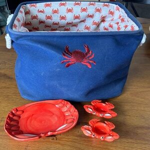 Nautical Blue and Red Crab Basket with Dish Set